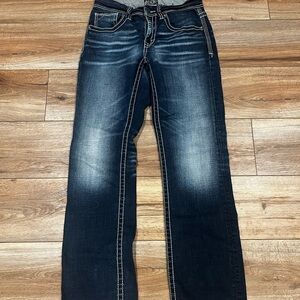 Men’s Buckle Black Dark Wash Straight Leg Jeans Size 28